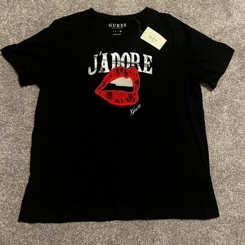 GUESS Black T-Shirt with J’Adore Lips Graphic